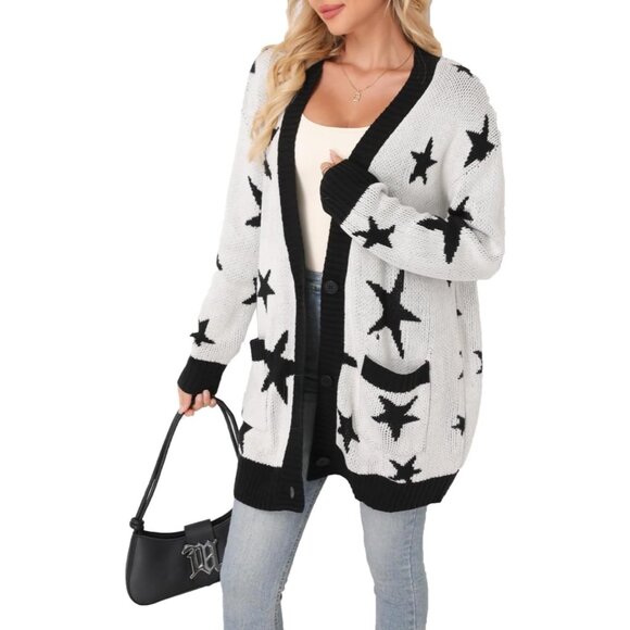 Women's Acrylic V-Neck Long Sleeve Bow Jacquard Knit Sweater Open Cardigan - Picture 4 of 6